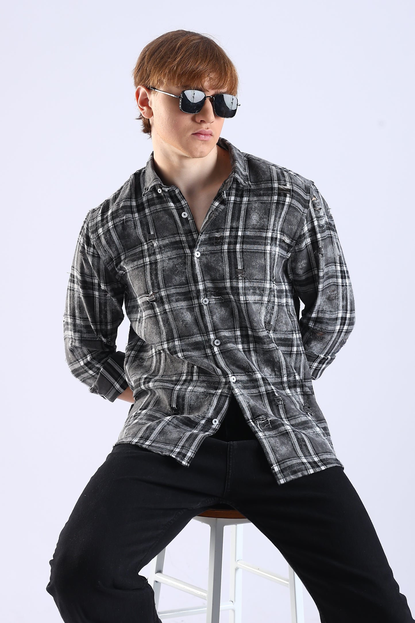 Regular Fit Torn Black & Gray Washed Check Shirt