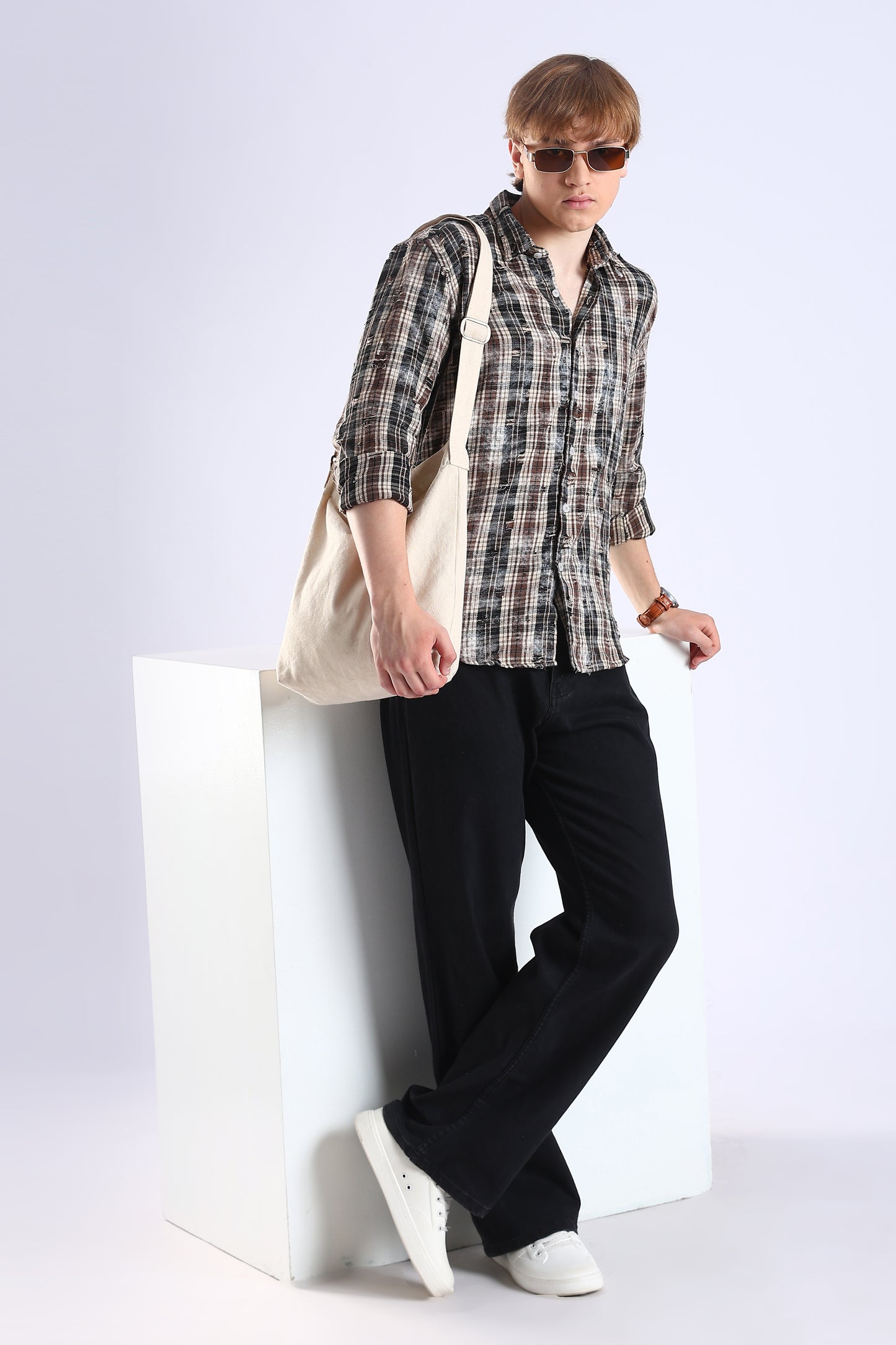 Regular Fit Torn Brown & Black Washed Check Shirt