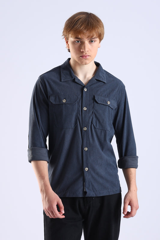 Regular Fit Baby Courdrey Double Pocket Elbow Patch Navy Blue Shirt