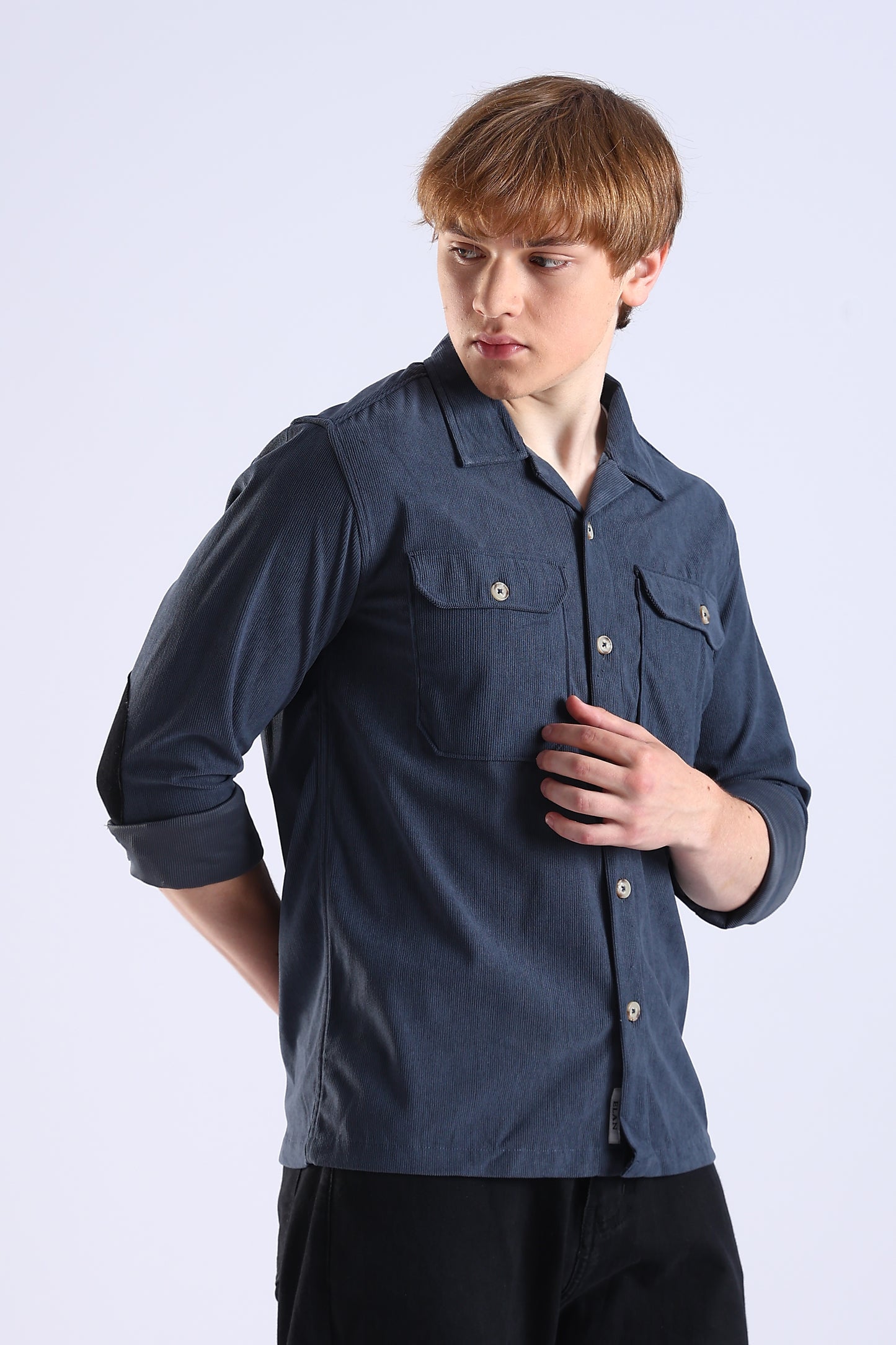 Regular Fit Baby Courdrey Double Pocket Elbow Patch Navy Blue Shirt