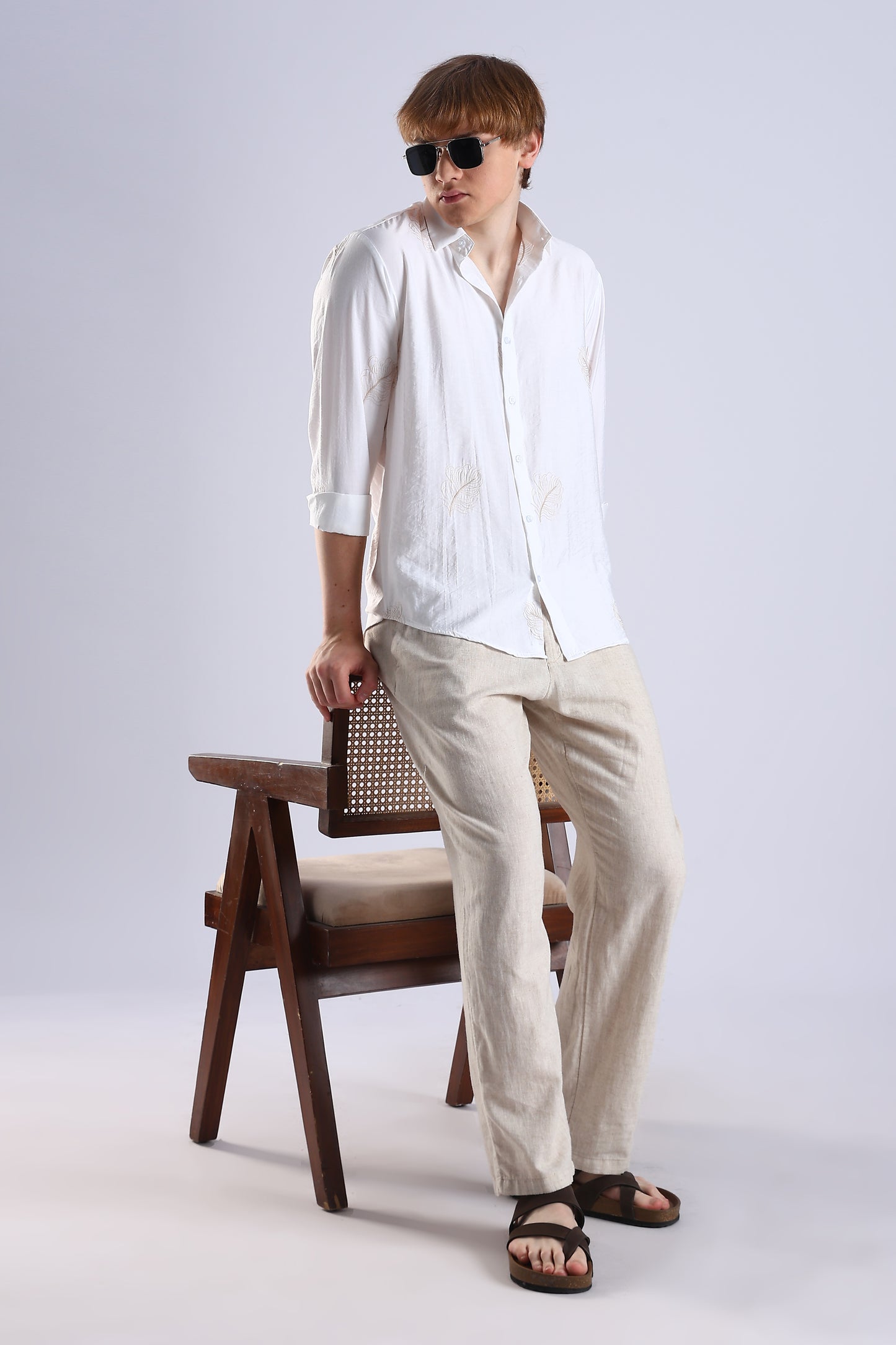 Regular Fit Leaf Embroidary Designer White Shirt