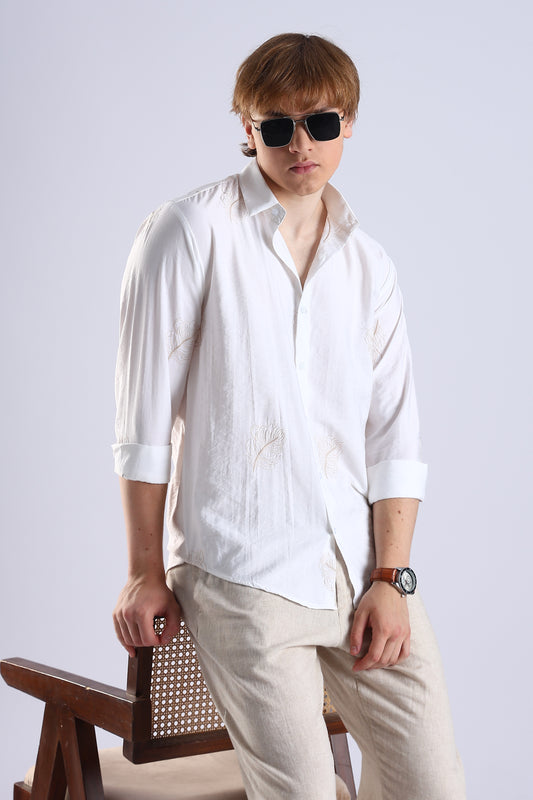Regular Fit Leaf Embroidary Designer White Shirt