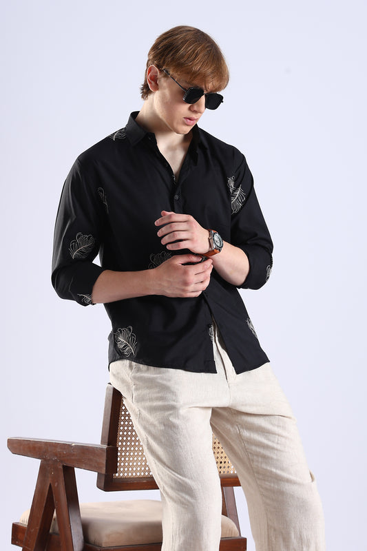 Regular Fit Leaf Enbroidery Designer Black Shirt