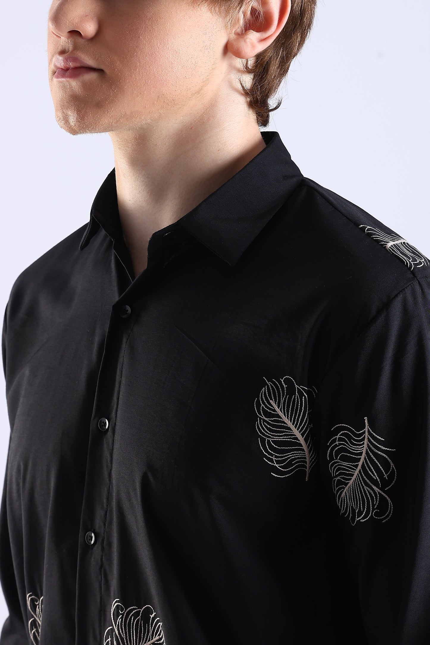 Regular Fit Leaf Enbroidery Designer Black Shirt