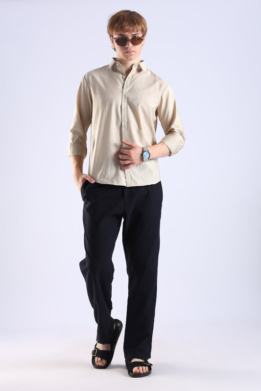 Regular Fit Leaf Embroidary Designer Light Beige Shirt