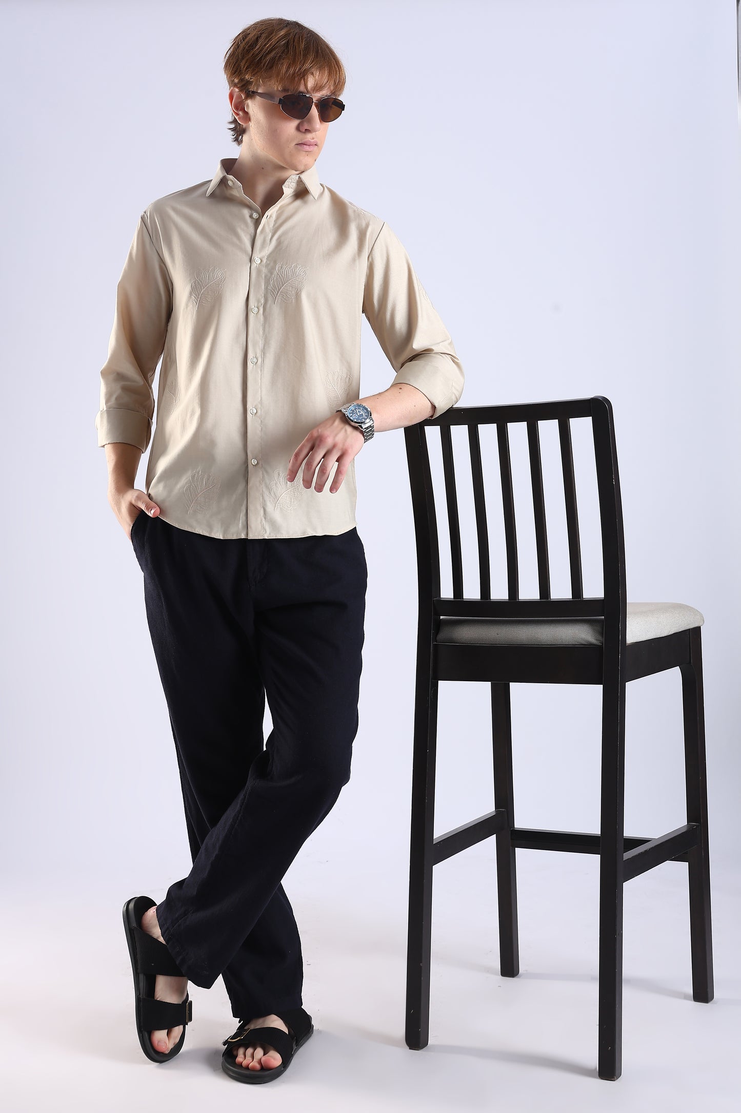 Regular Fit Leaf Embroidary Designer Light Beige Shirt