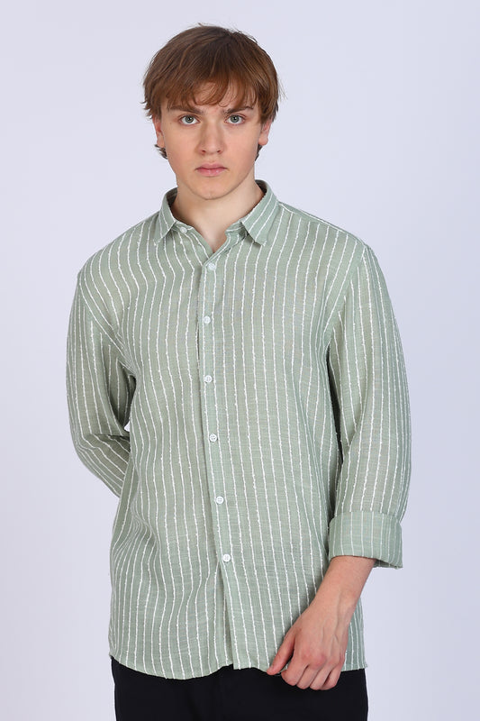 Regular Fit Striped Designer Pastel Green Shirt