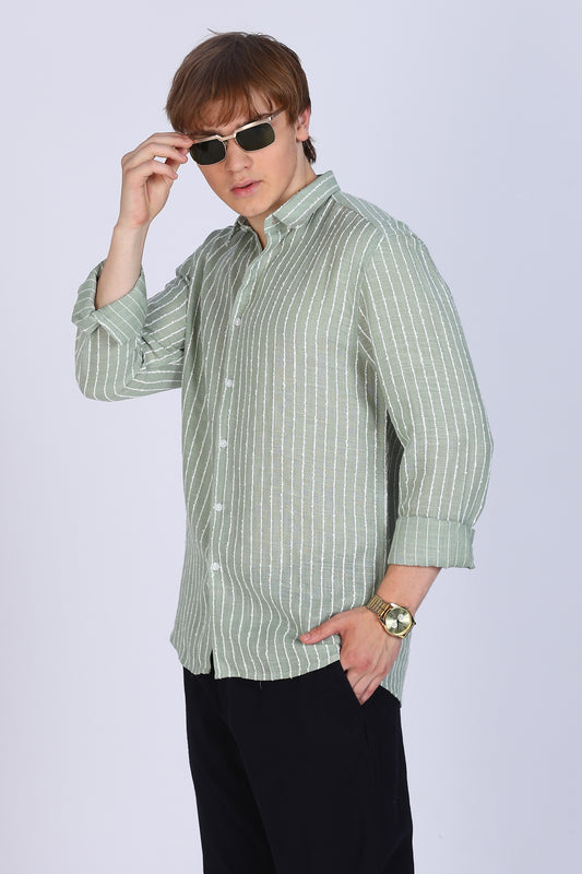 Regular Fit Striped Designer Pastel Green Shirt