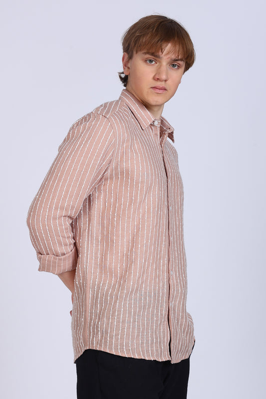 Regular Fit Striped Designer Peach Shirt