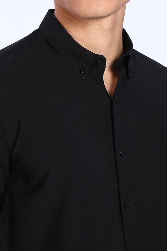 Black Crushed Blended-Linen Slim Fit Shirt
