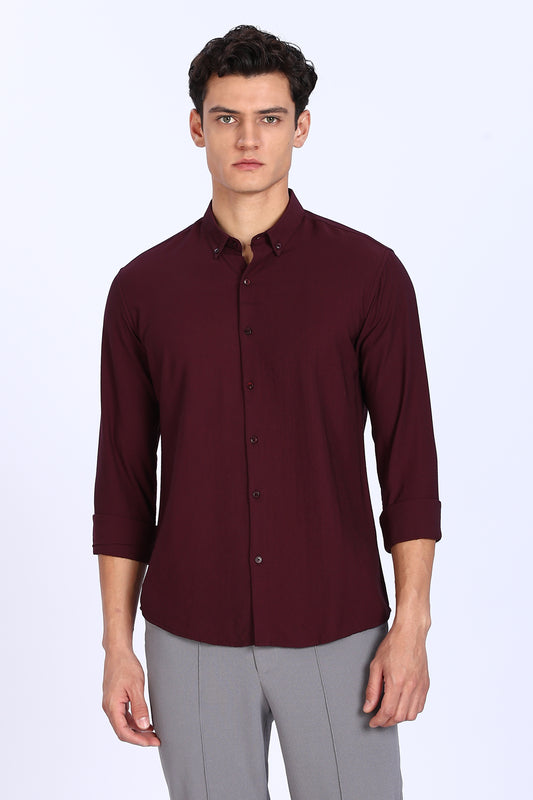 Maroon Crushed Blended-Linen Slim Fit Shirt