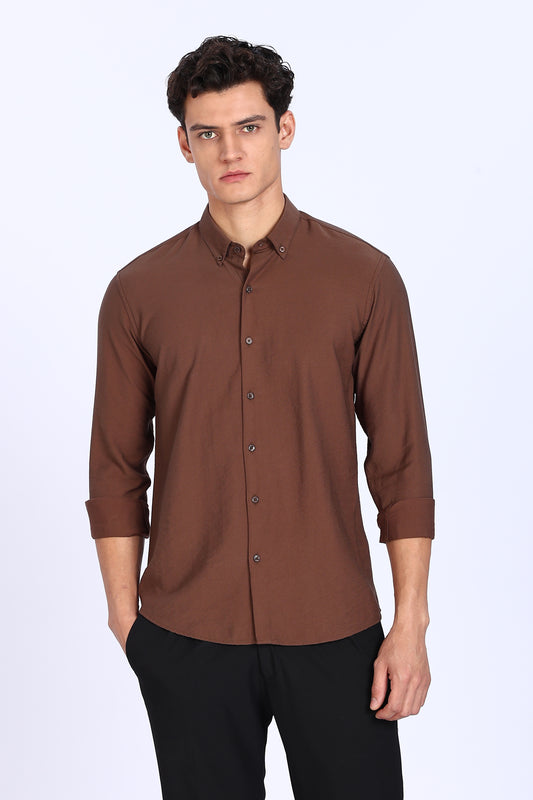 Brown Crushed Blended-Linen Slim Fit Shirt