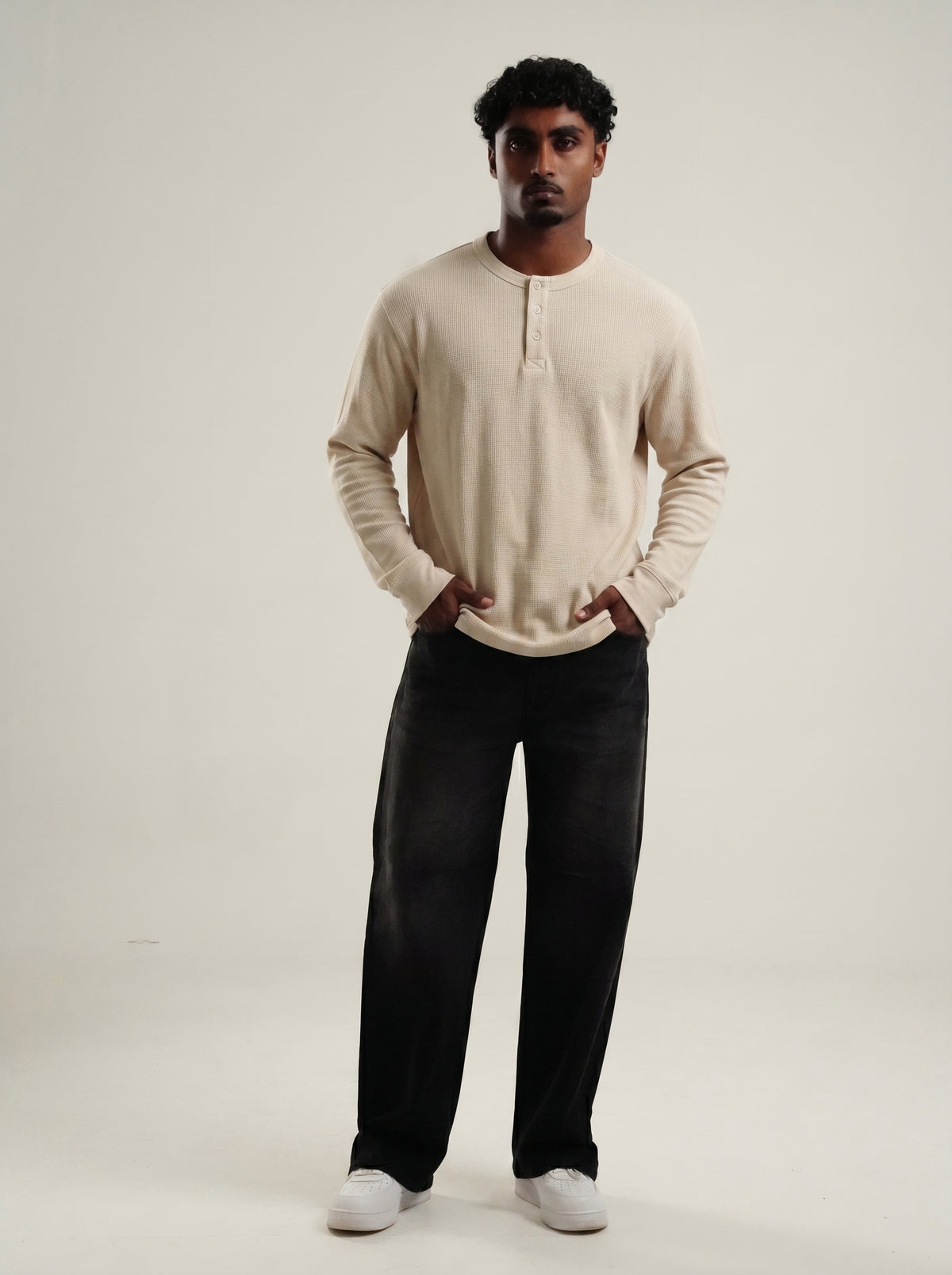 Henley Beige Full Sleeve Loose Comfort Fit Tee