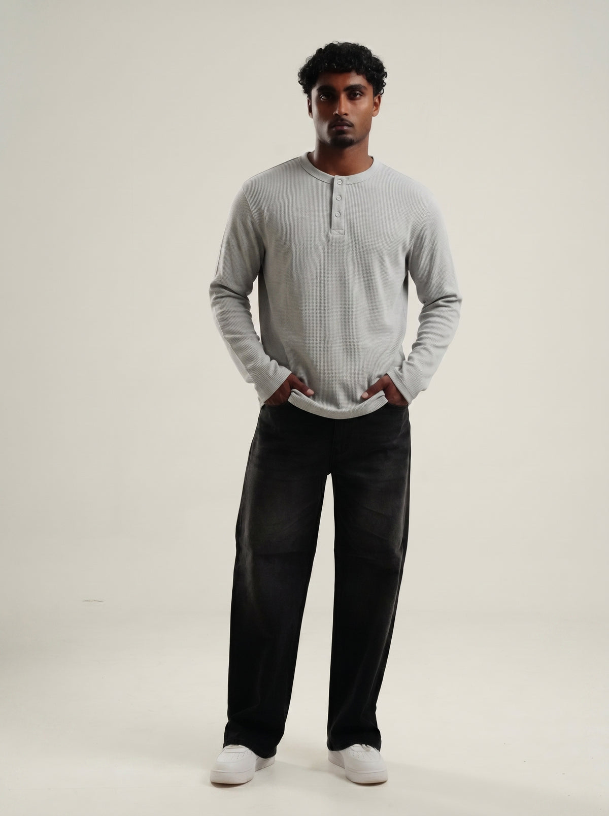 Henley Grey Full Sleeve Loose Comfort Fit Tee