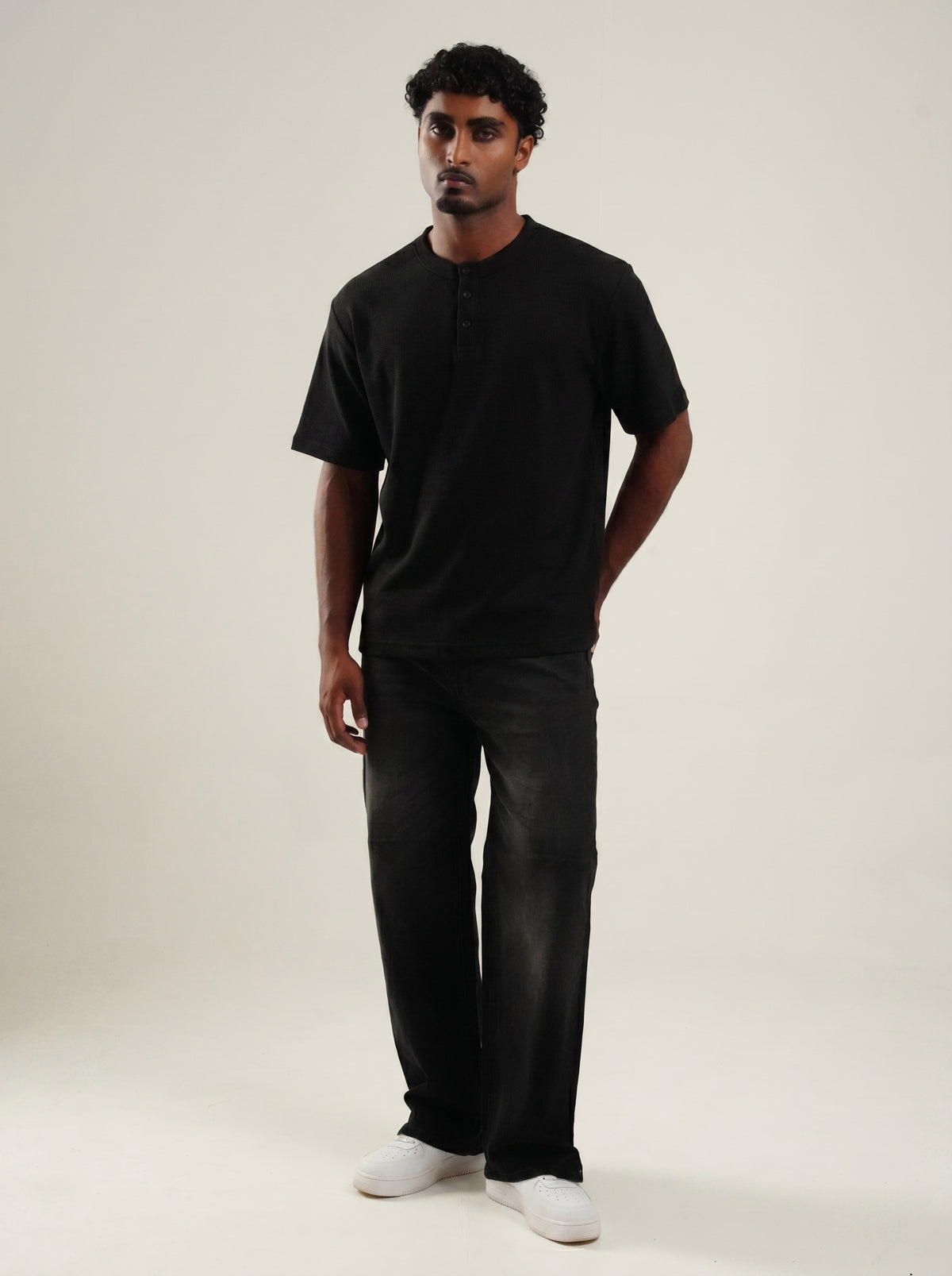 Henley Black Half Sleeve Loose Comfort Fit Tee