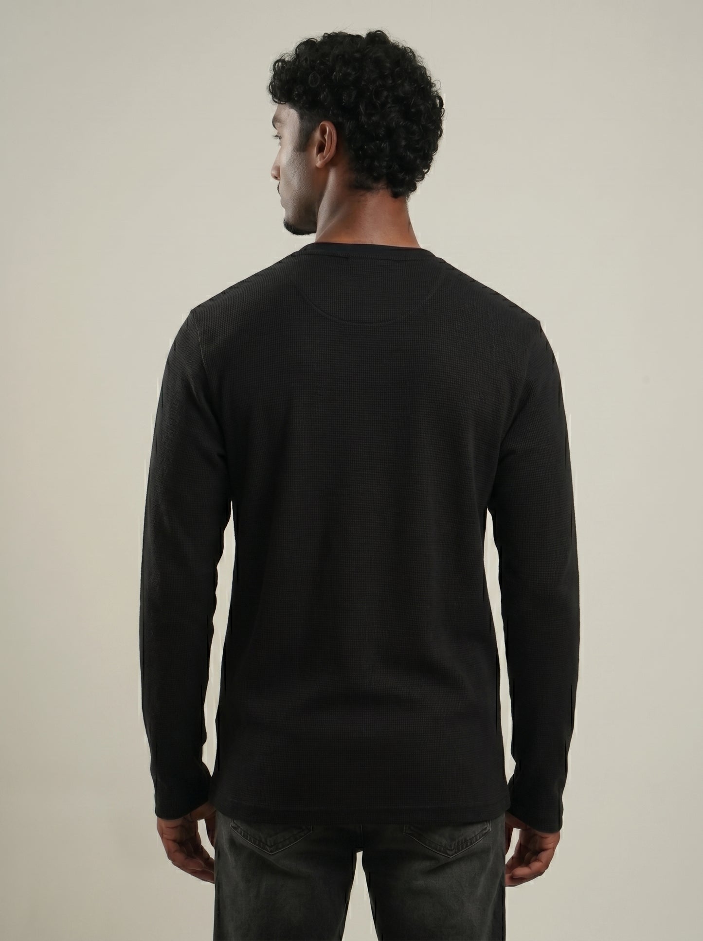 Henley black full sleeve loose comfort fit Tee