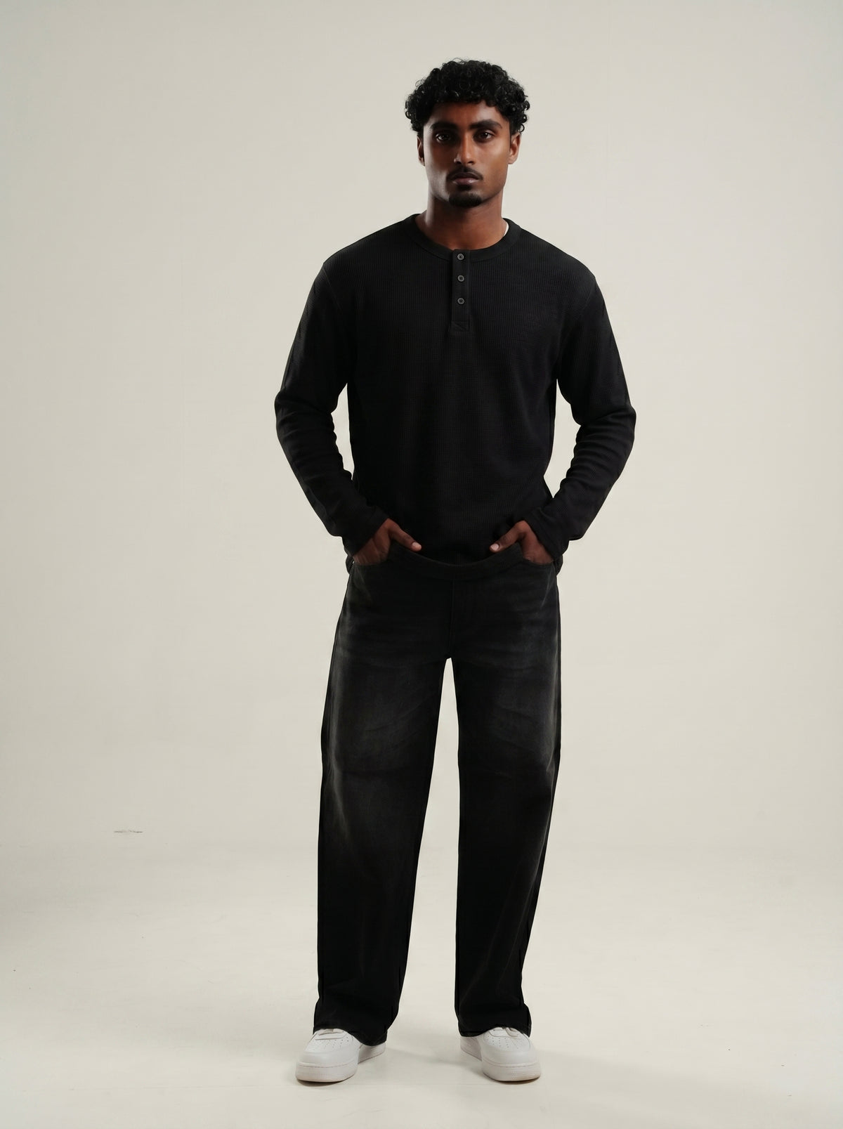 Henley Black Full Sleeve Loose Comfort Fit Tee