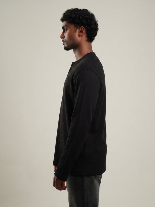 Henley black full sleeve loose comfort fit Tee