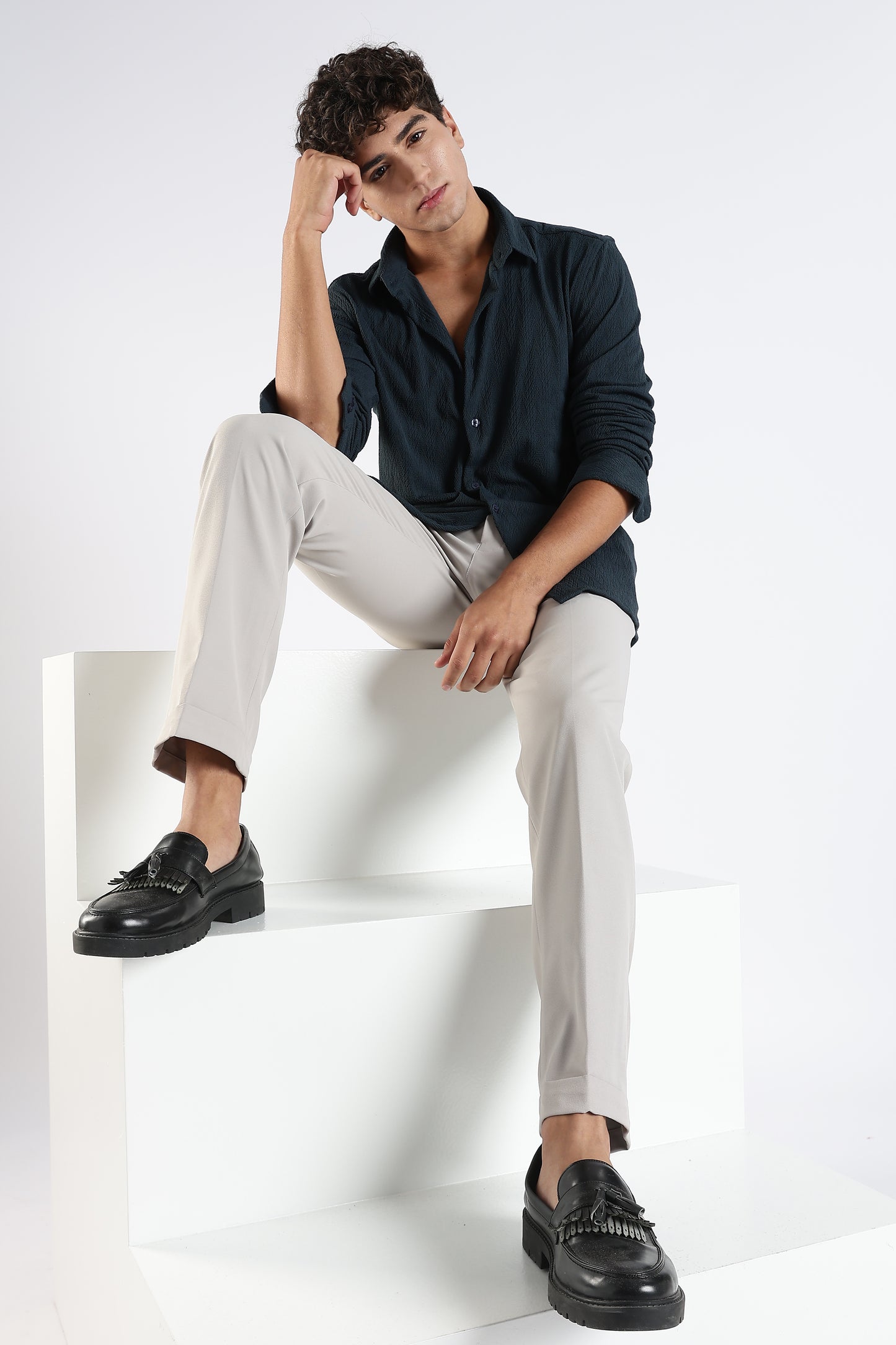 Regular Fit Dark Blue Jacquard Fabric Shirt