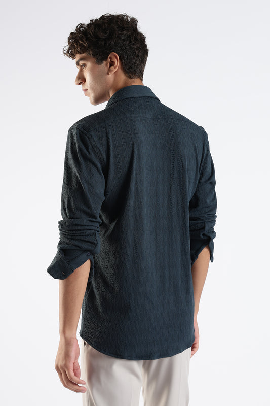 Regular Fit Dark Blue Jacquard Fabric Shirt
