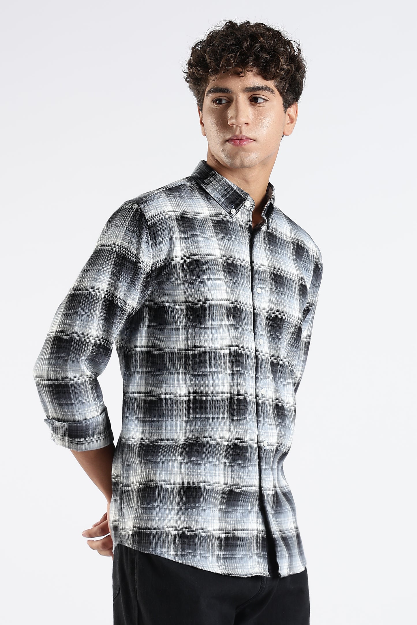 Regular Fit White & Grey Shirt with Black Gradient Tartan Checks