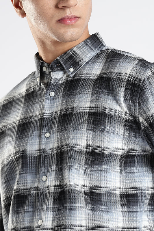 Regular Fit White & Grey Shirt with Black Gradient Tartan Checks