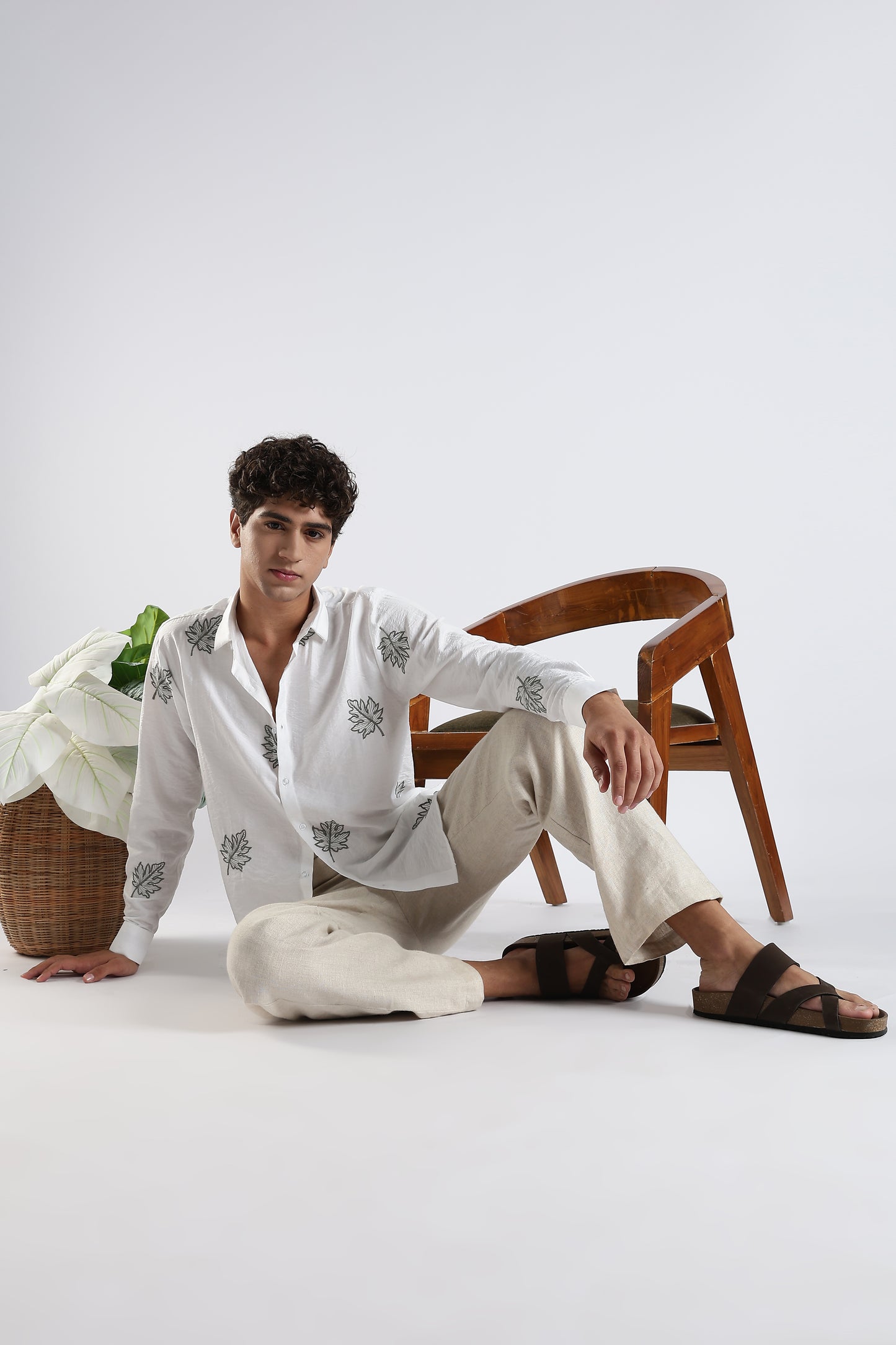 Slim Fit White Leaf Embroidery Design Shirt