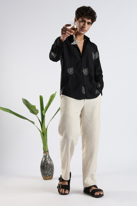 Slim Fit Black Leaf Embroidery Shirt