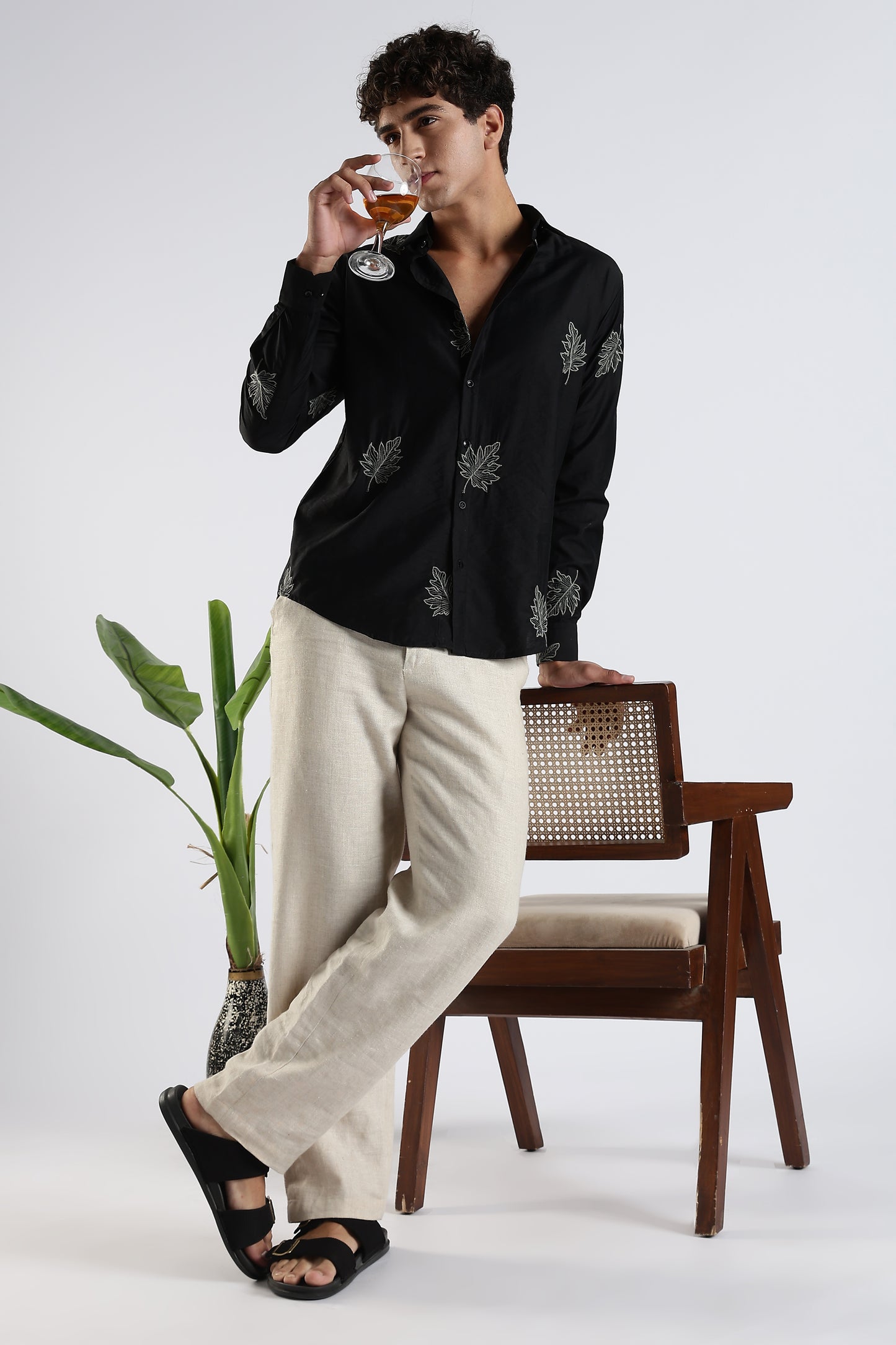 Slim Fit Black Leaf Embroidery Shirt