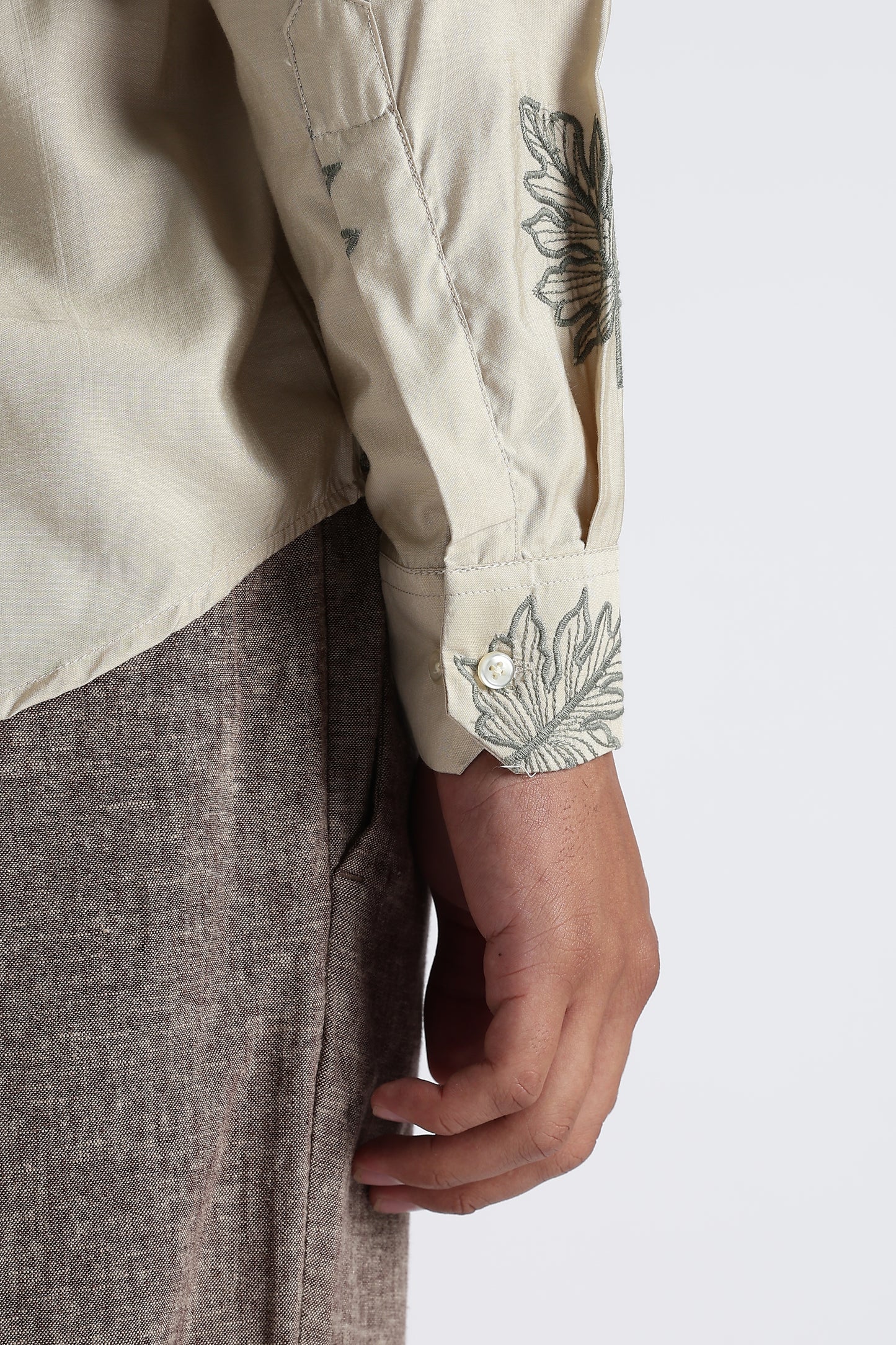 Slim Fit Beige Linen Embroidery Shirt