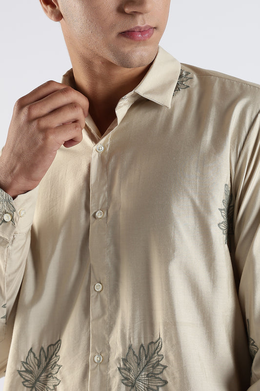Slim Fit Beige Leaf Linen Embroidery Shirt
