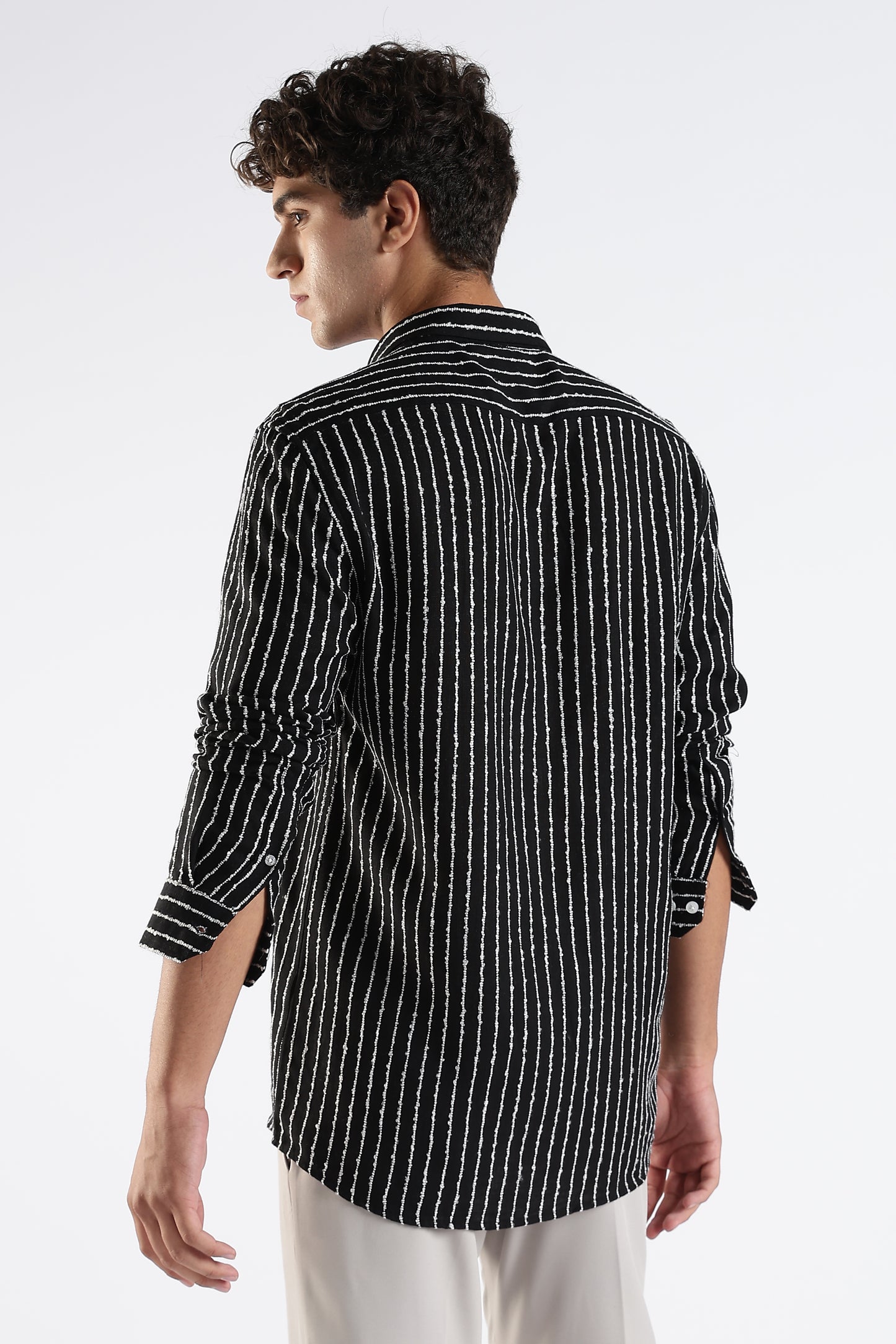 Regular Fit Black and White Striped Designer Shirt