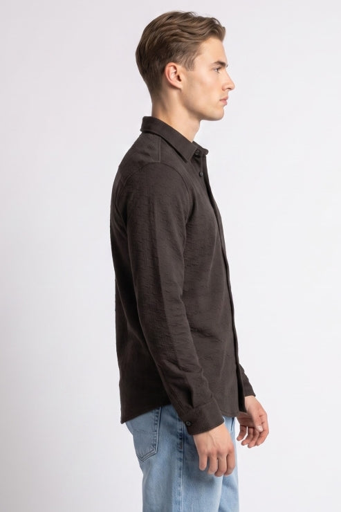 Coffee Brown Jacquard Regular Fit Shirt