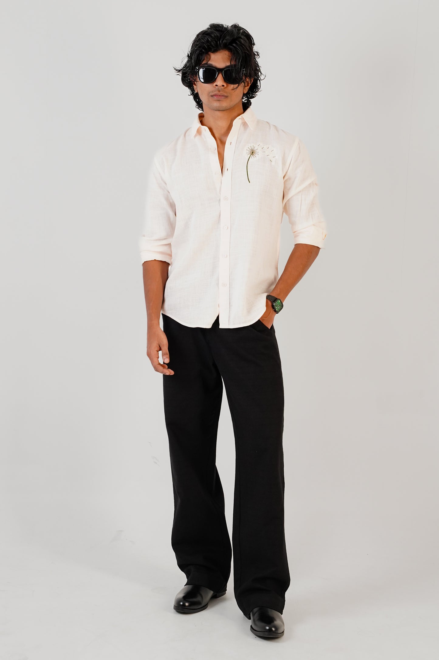 Floral Embroidered Peach Linen Shirt