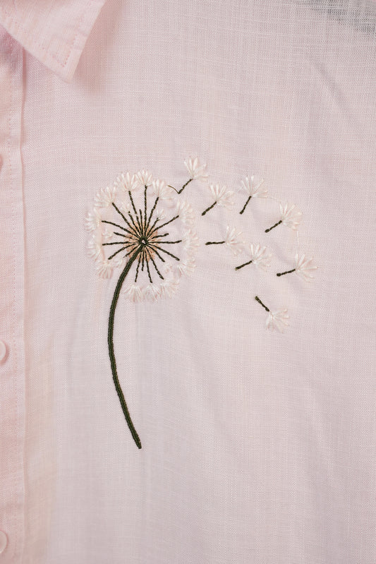 Floral Embroidered Baby Pink Linen Shirt