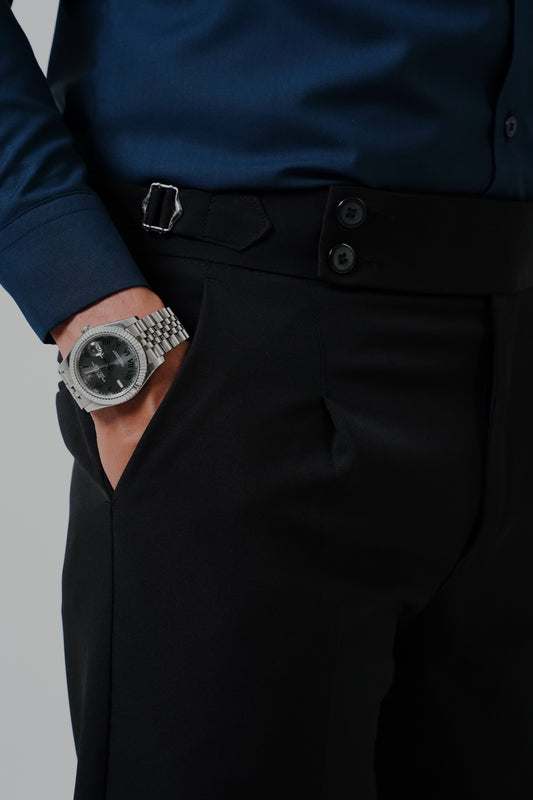 Pleated Black Gurkha Straight fit Trousers