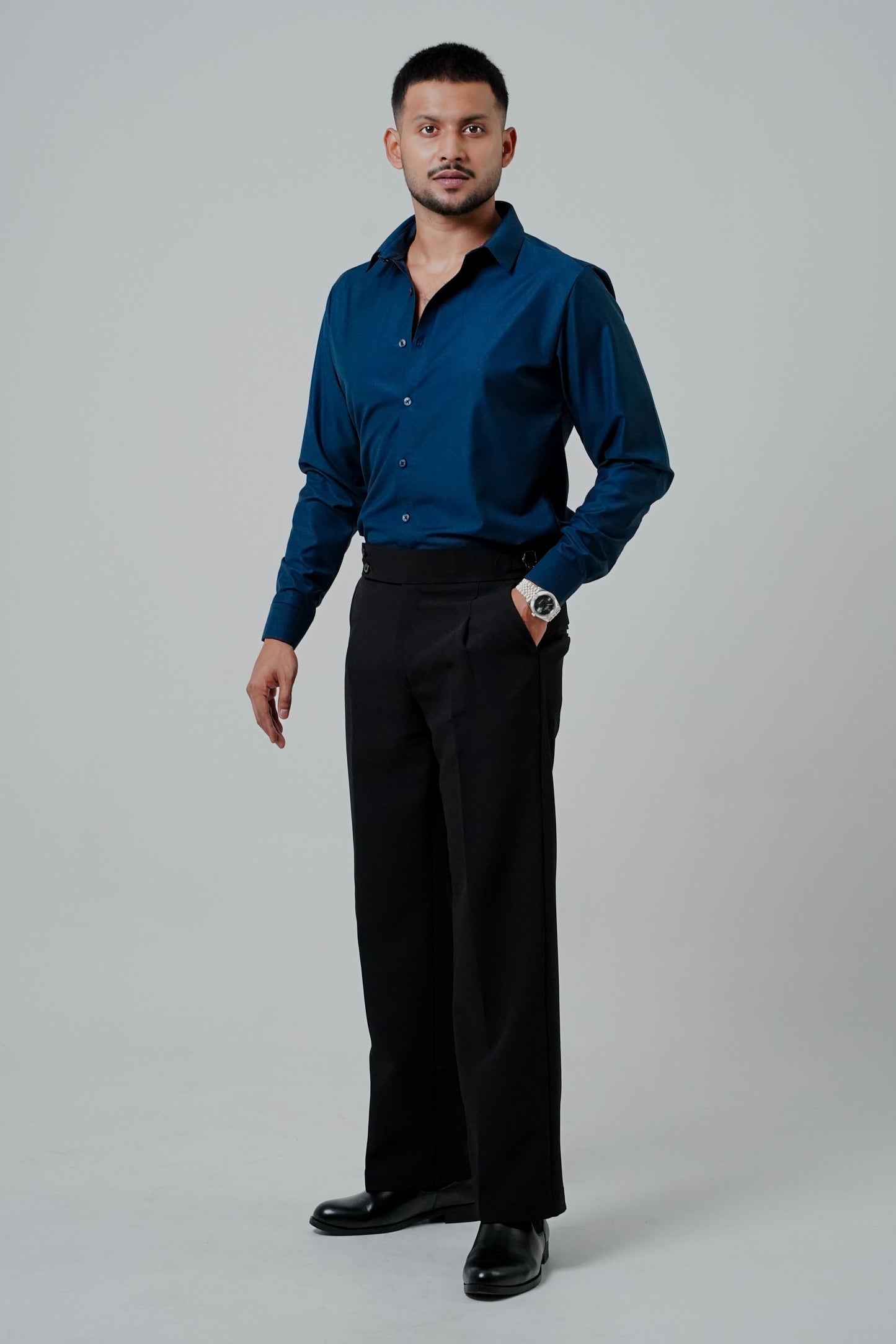 Pleated Black Gurkha Straight fit Trousers