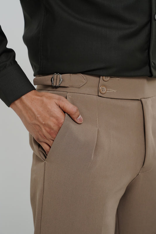 Pleated Mushroom Brown Gurkha Straight fit Trousers