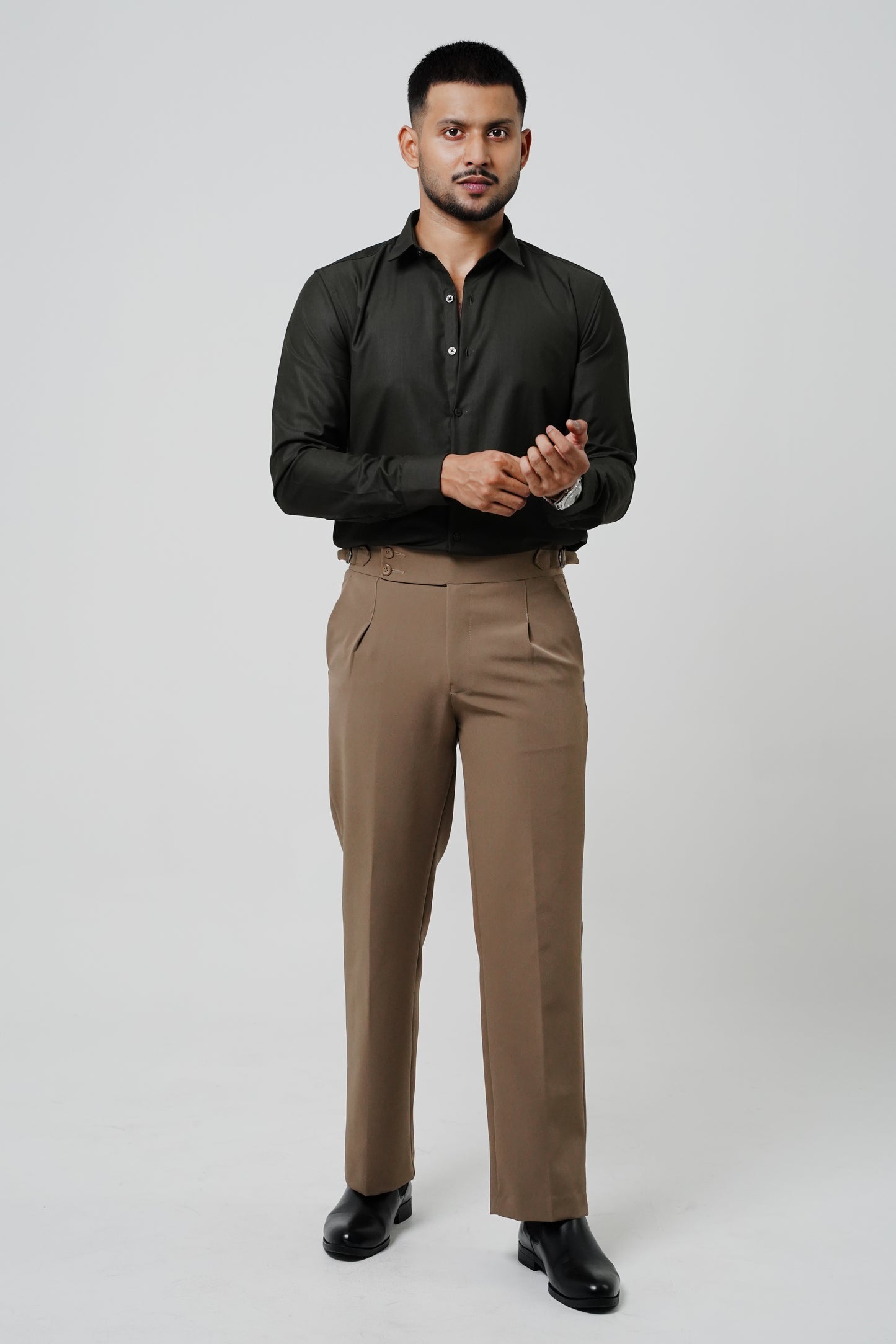Pleated Mushroom Brown Gurkha Straight fit Trousers