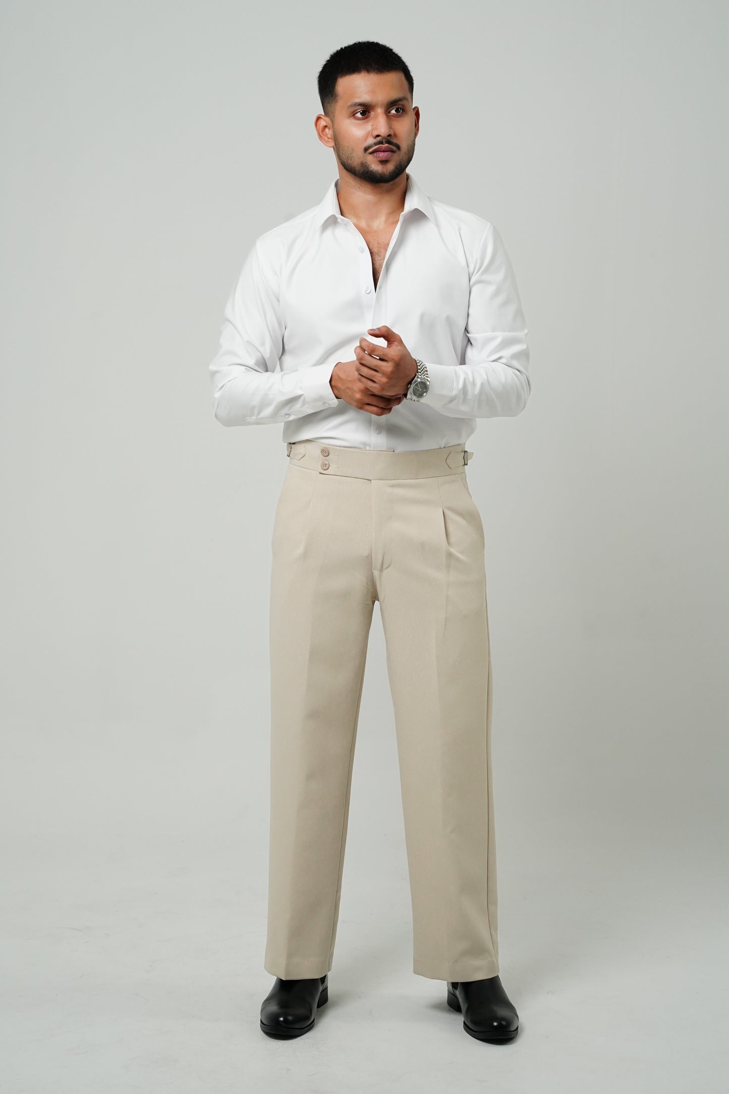 Pleated Beige Gurkha Straight fit Trousers