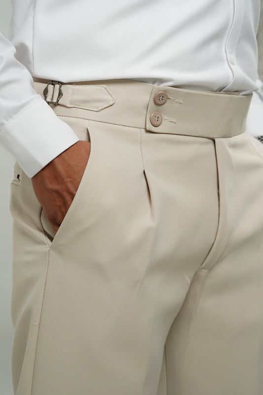 Pleated Beige Gurkha Straight fit Trousers