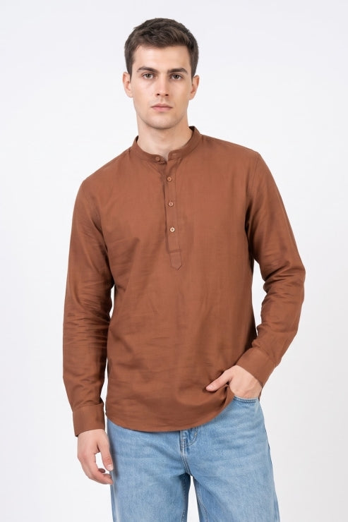 Rust Brown Mandarin Collar Shirt