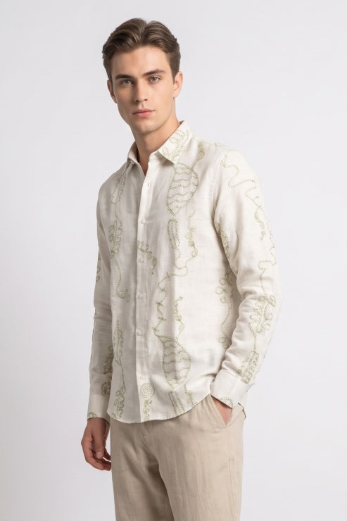 Abstract Design Embroidered Linen Shirt