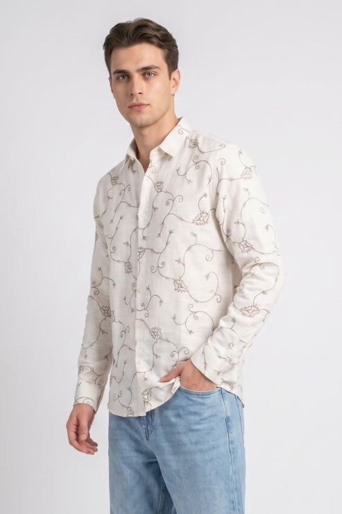 Abstract Symbol Embroidered Linen Shirt