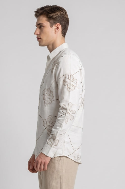 Abstract Design Embroidered Linen Shirt