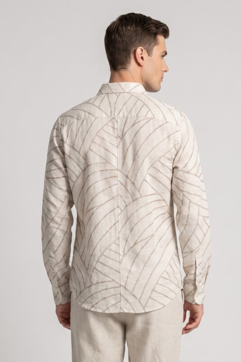 Abstract Line Embroidered Linen Shirt