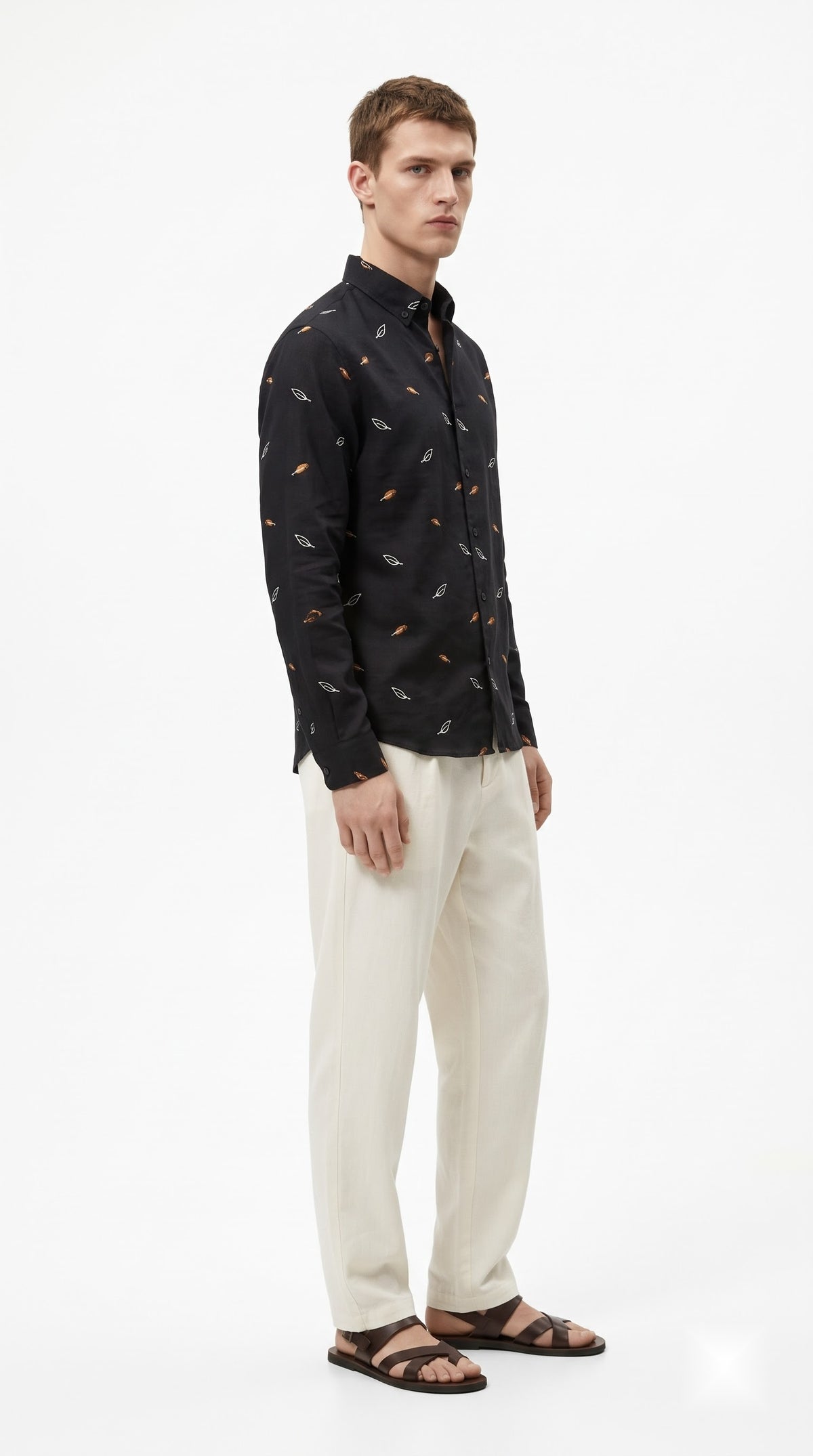 Leaf Embroidered Linen Shirt - Black
