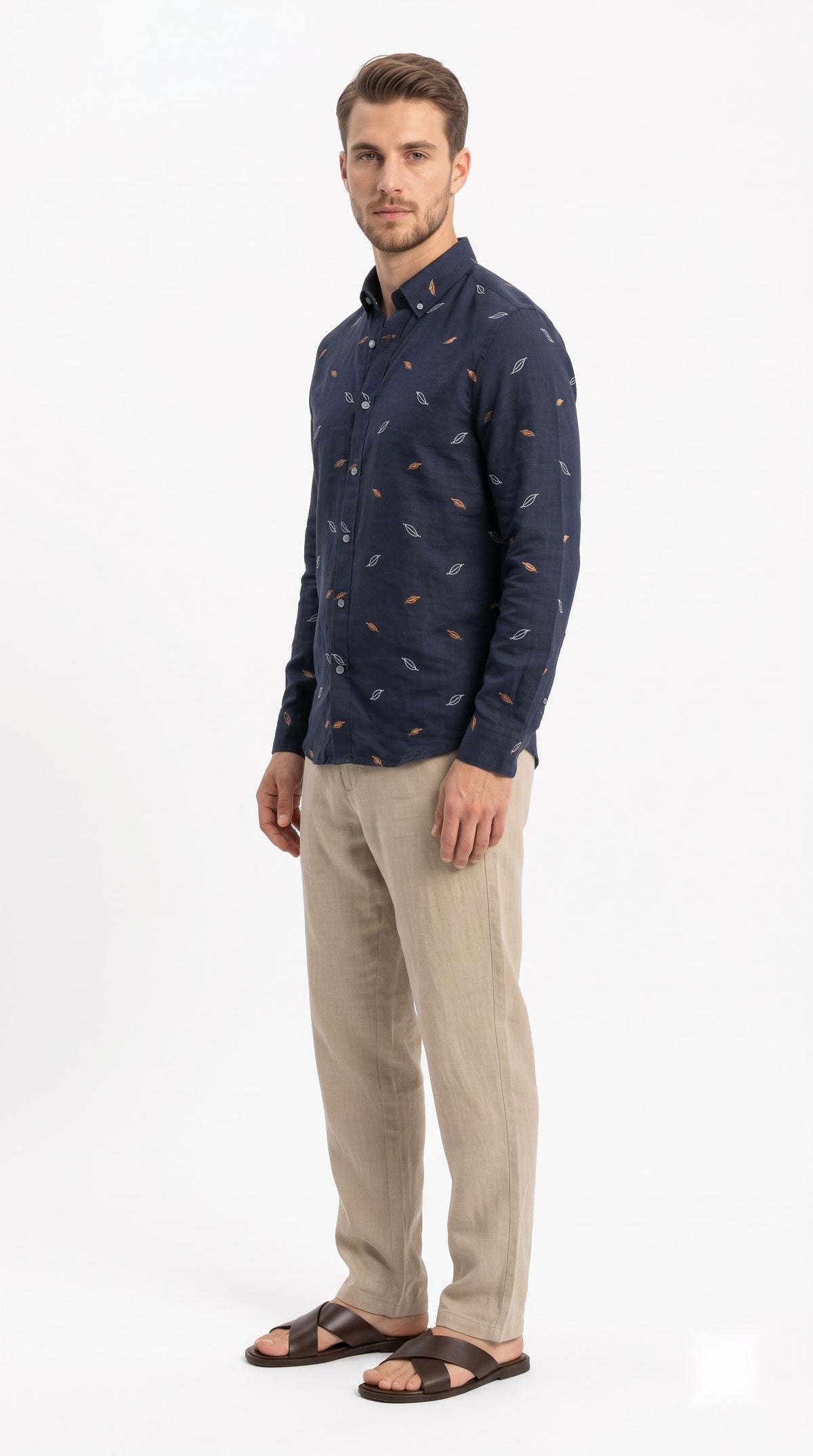 Leaf Embroidered Linen Shirt - Navy