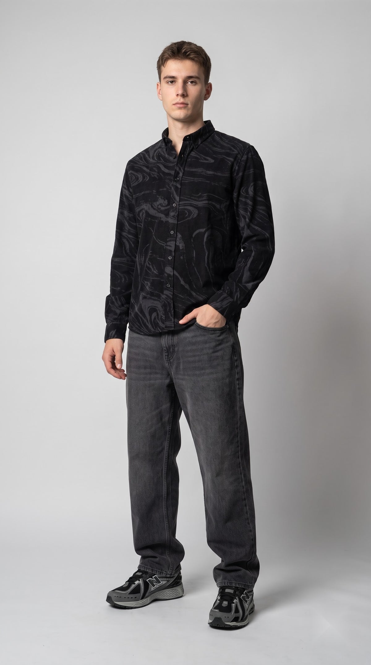 Black Abstract Print Corduroy Shirt
