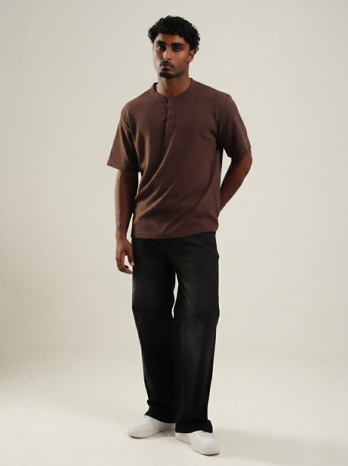 Henley Brown Half Sleeve Loose Comfort Fit Tee